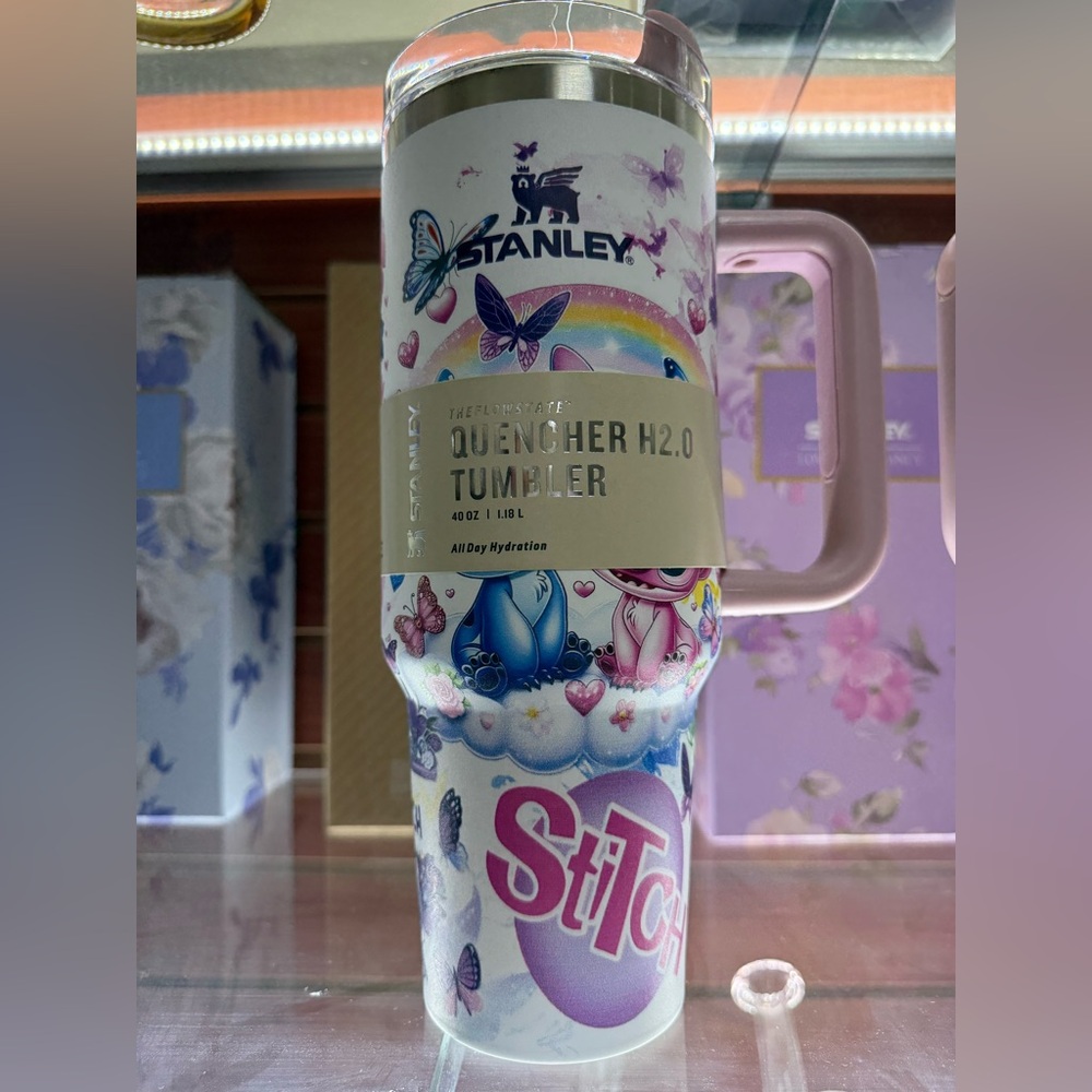 Stanley Butterfly Rainbow Quencher Tumbler with Pink Handle